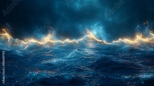 Deep blue ocean with golden lines depicting routes and islands, with space for text about adventure or discovery. photo