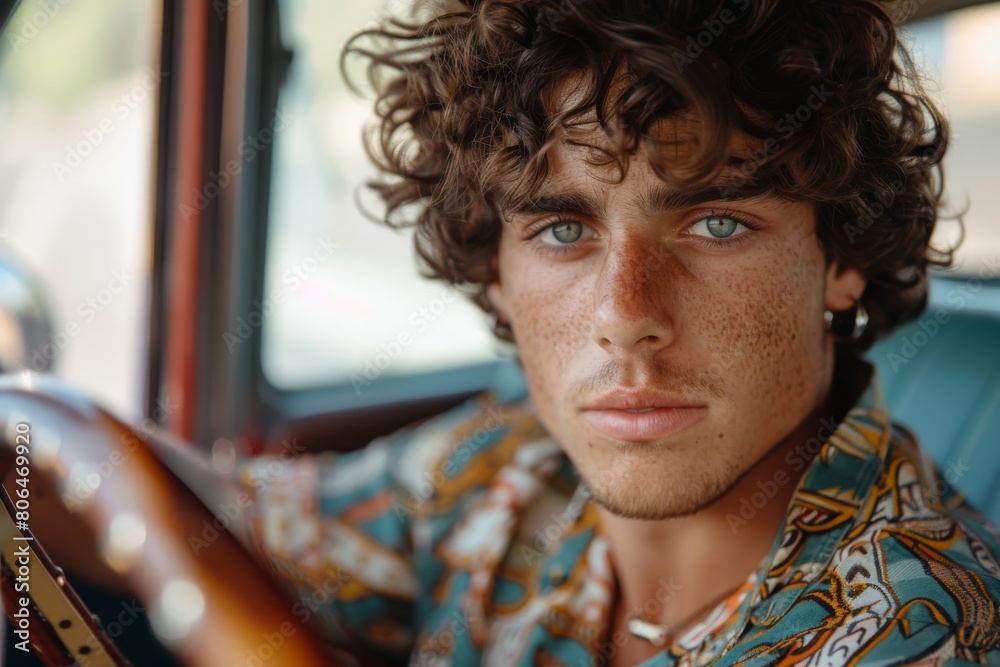 A portrait of a young handsome curly-haired Italian man in a vintage car. Summer warm Italian vibe. A portrait of a young handsome curly-haired Italian man in a vintage car. Summer warm Italian vibe.