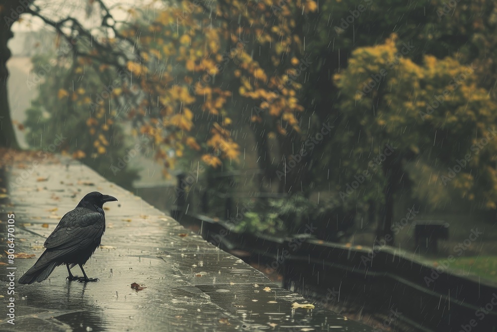 Fototapeta premium A solitary black crow in the rain and gloomy weather in the park. The concept of loneliness, rejection in society, or just dreary autumn weather