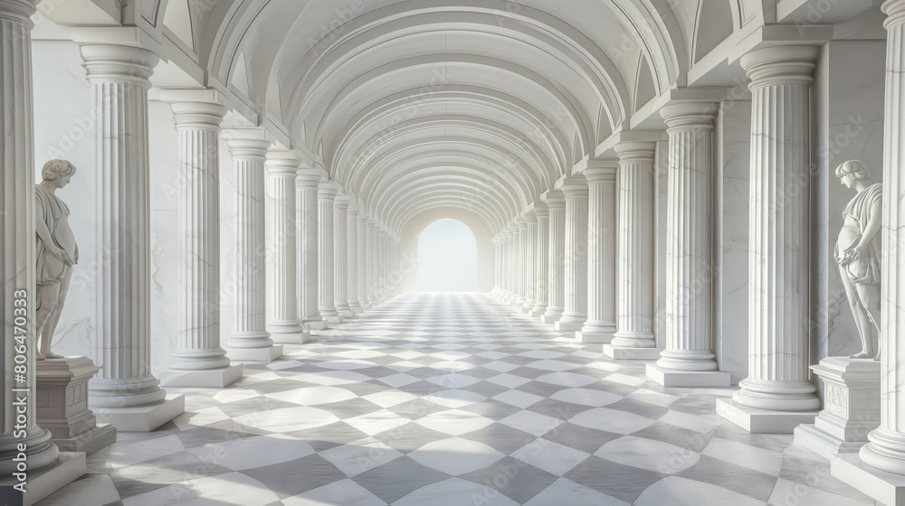 A white classical hallway with marble statues and pillars, checkerboard floor, bright and airy ambiance, Generative AI.