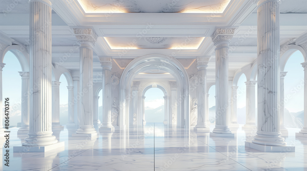 An elegant white marble interior with classical columns, arches, and a mountain view in the distance, Generative AI.