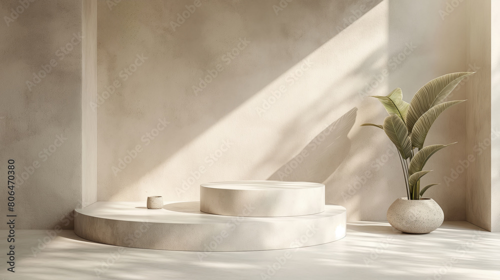 A minimalist podium display with a plant, showcasing a serene beige concrete backdrop, expressing a contemporary product presentation. Generative AI A minimalist podium display with a plant, showcasing a serene beige concrete backdrop, expressing a contemporary product presentation. Generative AI