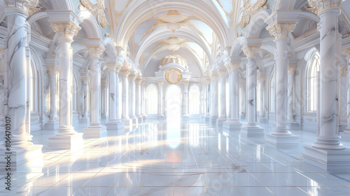 Luxurious white marble interior with ornate columns and arches, sunlit, concept of wealth and grand architecture, Generative AI.