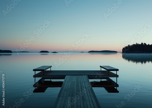 Serene Twilight Over a Tranquil Lake with a Silhouetted Dock and Distant Islands