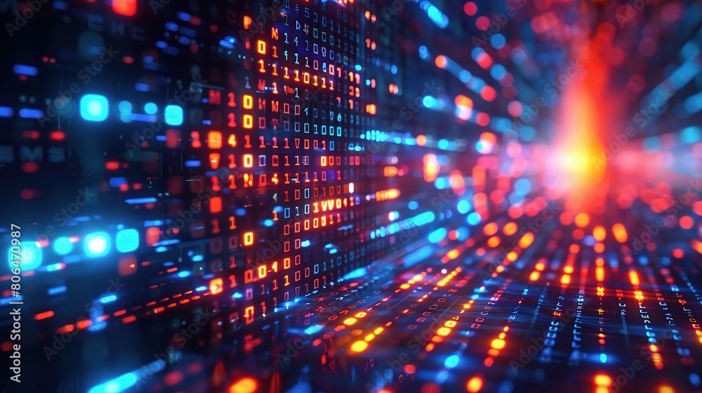 A computer technology background with glowing data streams and digital matrix