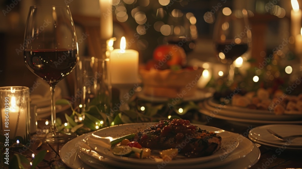 A romantic candlelit dinner with the main course from the gourmet meal kit being the center of attention on the table.