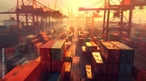 Captivating Warm Light Over Bustling Industrial Shipping Port With Color Coded Containers and Sophisticated Crane Structures Showcasing the Generative ai