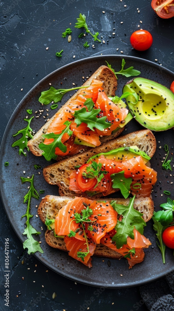 delicious sandwiches with salmon and avocado beautifully laid out on a plate. Healthy dietary breakfast