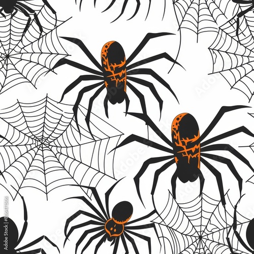 Illustration of a spider and cobwebs for Halloween. on white background. Seamless pattern 