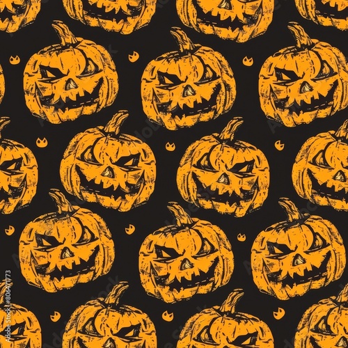 Jack-o'-lantern pumpkin lantern for Halloween on white background. Seamless pattern. The concept of autumn, Halloween