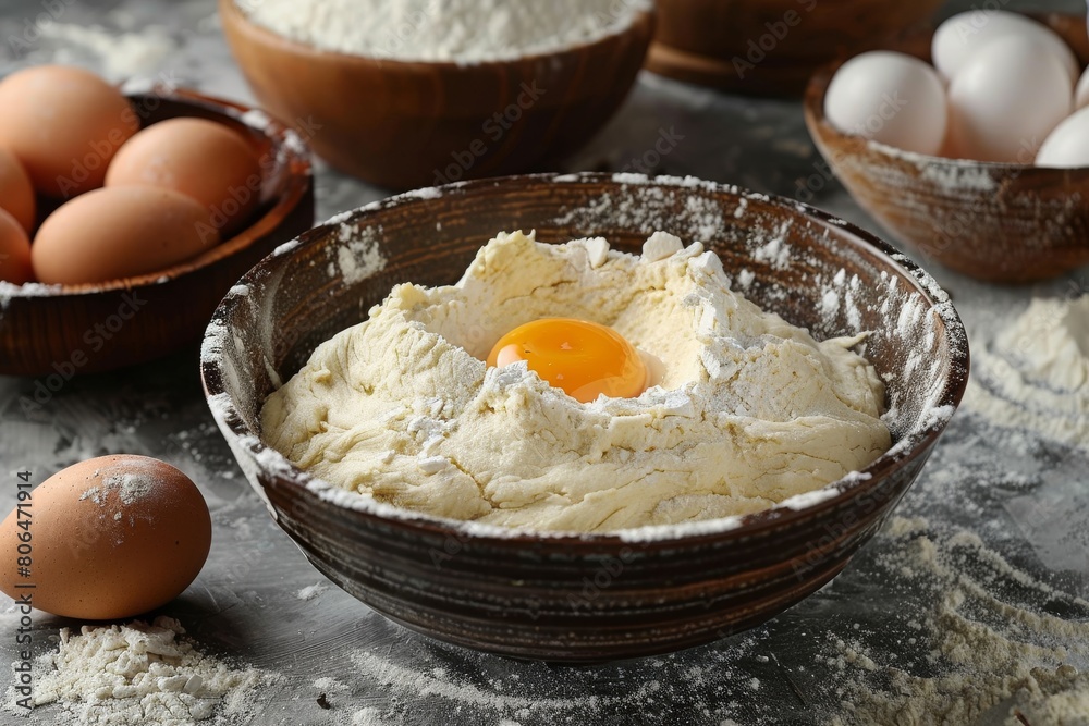 Mixed dough in a deep bowl, with flour and eggs next to the bowl. The concept of cooking at home, baking Mixed dough in a deep bowl, with flour and eggs next to the bowl. The concept of cooking at home, baking