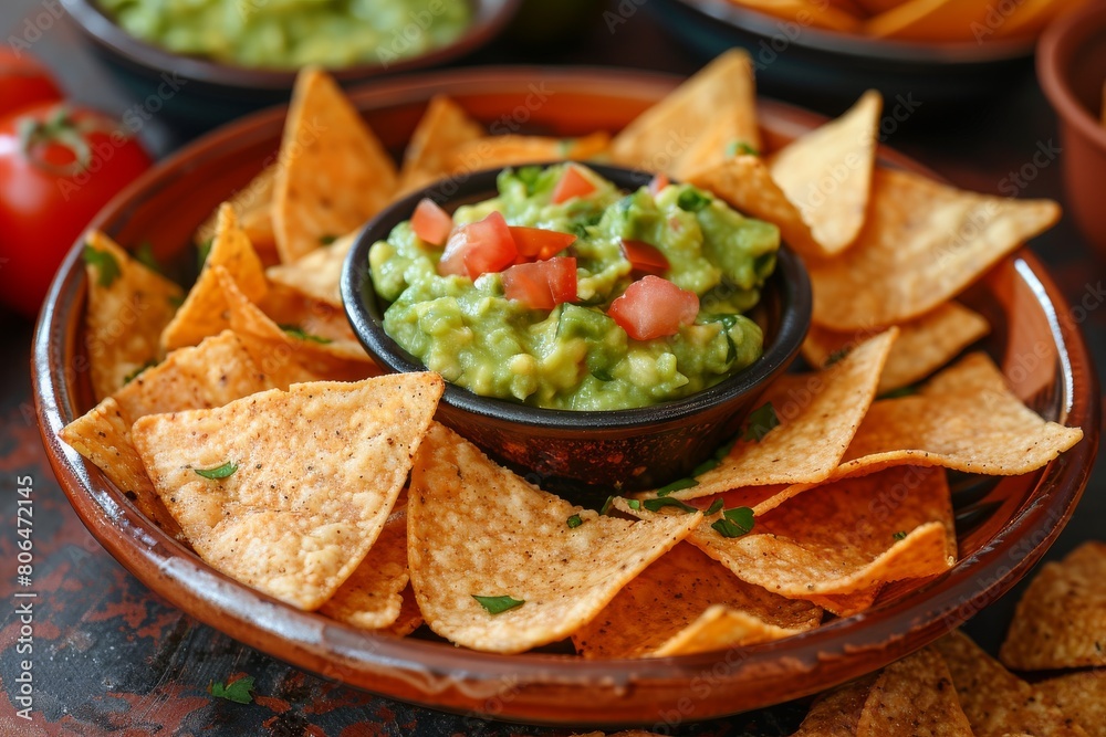 Nachos with guacamole sauce on a plate. Great presentation for food serving. Nachos with guacamole sauce on a plate. Great presentation for food serving.
