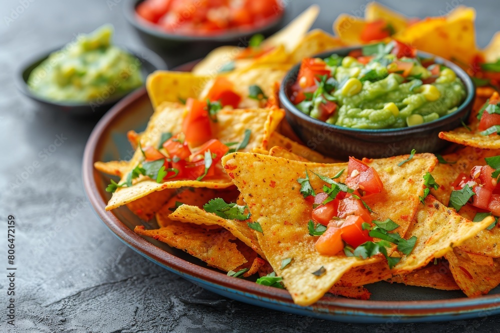 Nachos with guacamole sauce on a plate. Great presentation for food serving. Nachos with guacamole sauce on a plate. Great presentation for food serving.