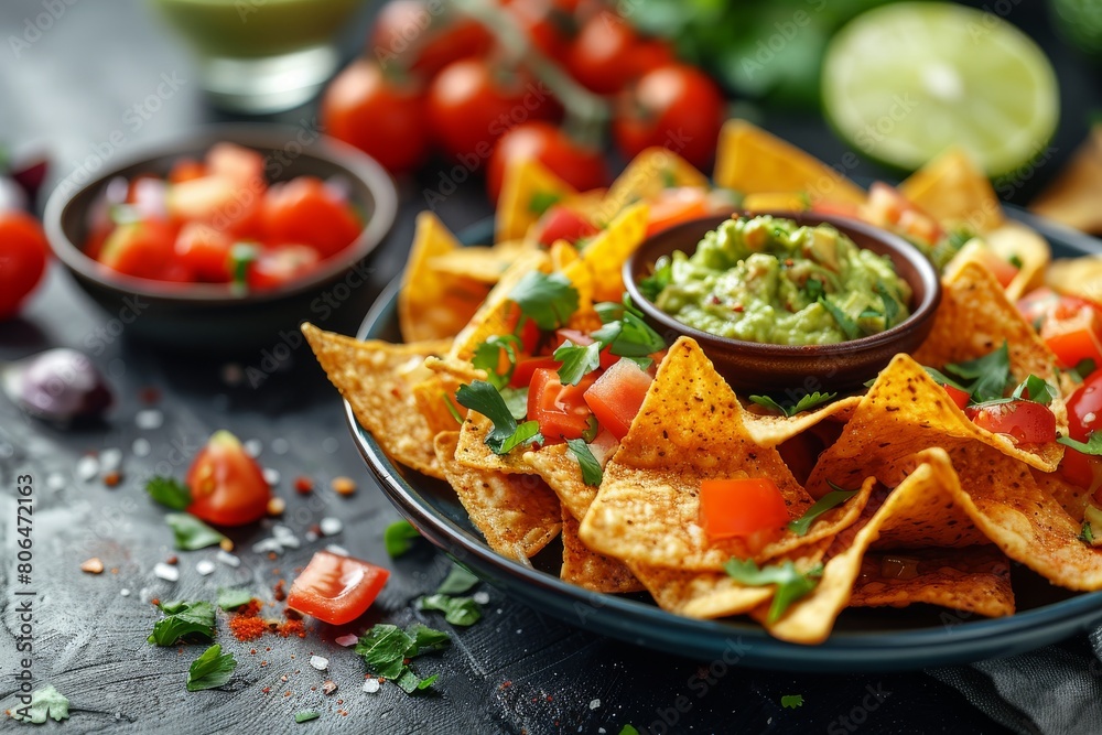 Nachos with guacamole sauce on a plate. Great presentation for food serving. Nachos with guacamole sauce on a plate. Great presentation for food serving.