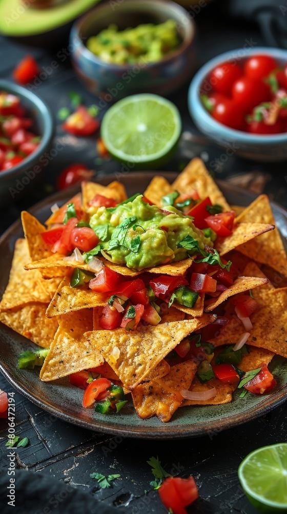 Nachos with guacamole sauce on a plate. Great presentation for food serving. Nachos with guacamole sauce on a plate. Great presentation for food serving.