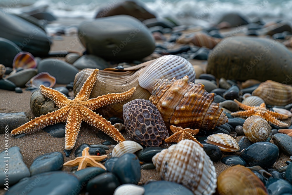 Rocks, seashells, and starfish on the beach by the ocean. Concept of a summer vacation. Rocks, seashells, and starfish on the beach by the ocean. Concept of a summer vacation.