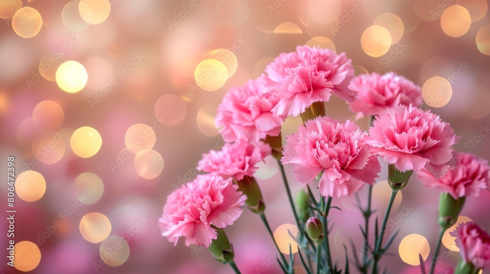 Obraz premium Glowing Neoclassical Style Carnation Floral Decorations for Mother's Day, Bright Indoor Setting with Golden Lighting and Joyful Atmosphere of Gratitude, High-Definition