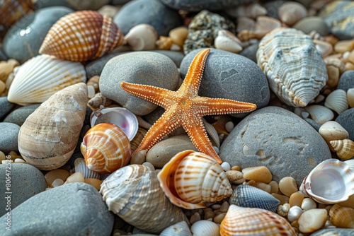Rocks, seashells, and starfish on the beach by the ocean. Concept of a summer vacation. 