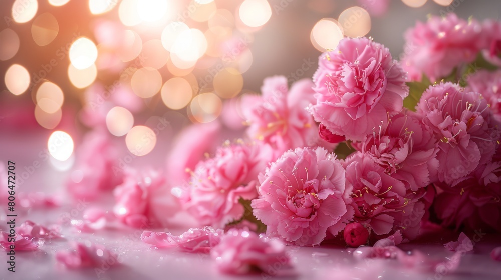 Obraz premium Glowing Neoclassical Style Carnation Floral Decorations for Mother's Day, Bright Indoor Setting with Golden Lighting and Joyful Atmosphere of Gratitude, High-Definition