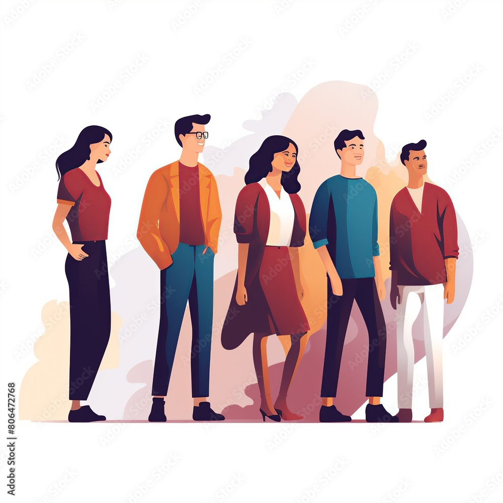 Fototapeta premium A group of people standing in a line, with one woman wearing a red dress