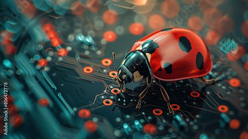 Illustrating a ladybug on computer circuits conveys the concept of computer bugs and the necessity for troubleshooting and debugging.