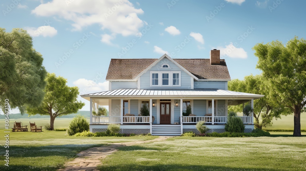 A beautiful country home sits on a lush green field. The home has a large porch and a swing. The sky is blue, and the sun is shining.