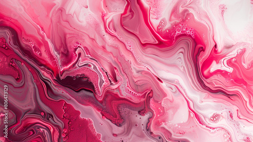 Abstract fluid art background with pink and red colors, featuring swirling patterns of liquid marble or concrete. The design evokes the beauty of natural geology formations