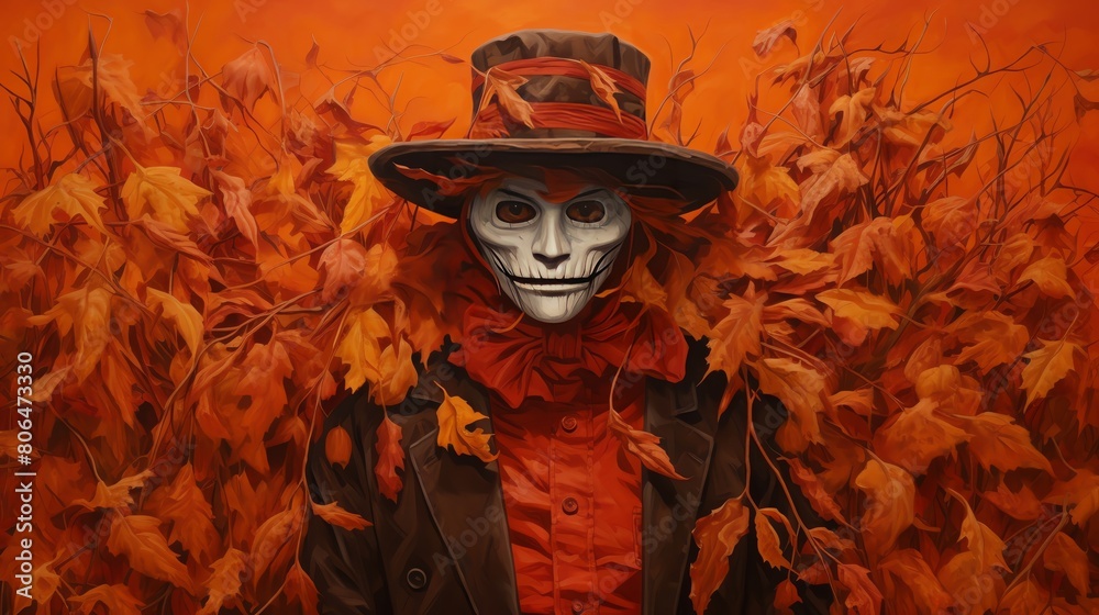 A painting of a man wearing a top hat and a mask with a skull-like face. He is standing in a field of red autumn leaves. The painting has a dark and mysterious feel to it. A painting of a man wearing a top hat and a mask with a skull-like face. He is standing in a field of red autumn leaves. The painting has a dark and mysterious feel to it.