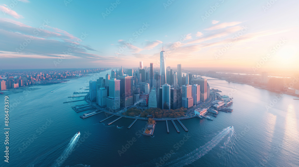 Fototapeta premium Hologram New York aerial view of modern city panorama.