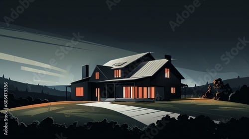 A dark house sits on a hill overlooking a valley. The sky is dark and cloudy. The house is lit by a warm glow from the inside. photo