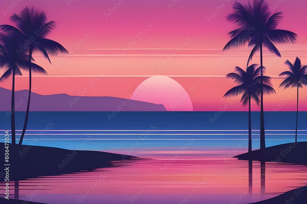 Fototapeta premium Palm trees silhouetted against a colorful tropical sunset on the beach.