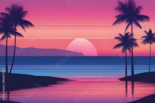  Palm trees silhouetted against a colorful tropical sunset on the beach.  
