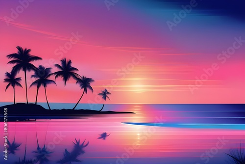 A serene tropical sunset with palm trees lining the beach, creating a picturesque and tranquil scene.