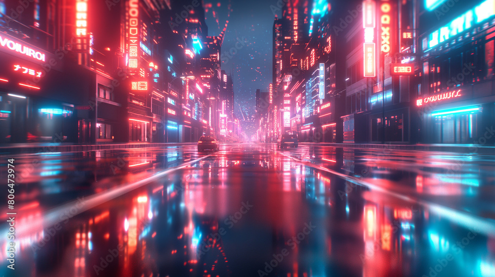 Night futuristic city with neon lignts and reflection on water.