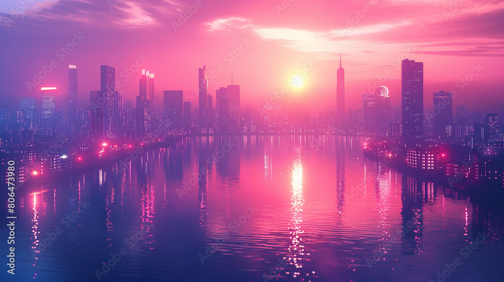 Night futuristic city with neon lignts and reflection on water.