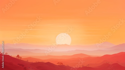 A beautiful landscape of a mountain range at sunset. The sky and mountains are shades of red, orange, and yellow. The sun is setting behind the mountains.