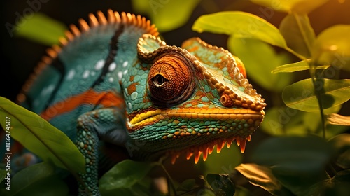 Camouflaged chameleon amidst foliage