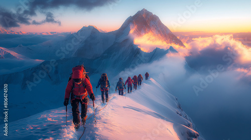 expedition  Group of Mountaineering climbing up to summit the top of snowmountain  Exproler discovery himalayas mountain Generative ai © Mina Nida