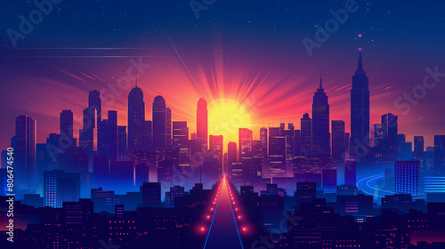 Night cityscape with illuminated buildings and road  illustration with architecture  skyscrapers  megapolis  buildings  downtown.