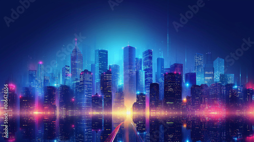 Night cityscape with illuminated buildings and road, illustration with architecture, skyscrapers, megapolis, buildings, downtown.