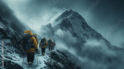 expedition  Group of Mountaineering climbing up to summit the top of snowmountain  Exproler discovery himalayas mountain Generative ai photo