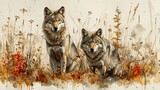 Two wolves are standing in a field of tall grass