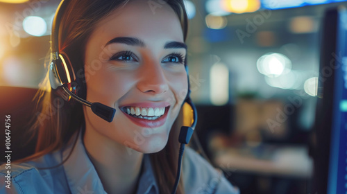 Portrait of smiling woman phone operator with headset. A smiling employee of the call center, technical support service. A brunette girl with headphones and a microphone answers the call.