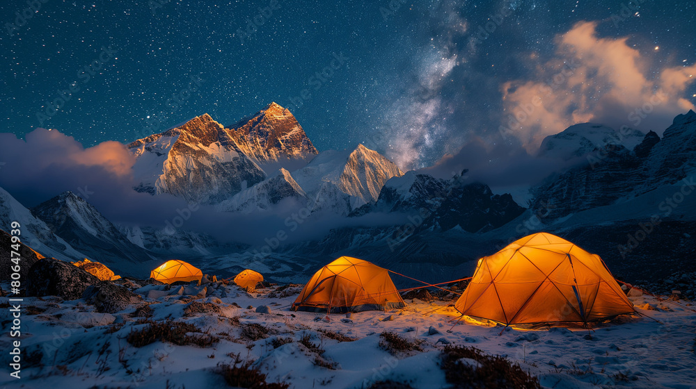 Night landscape and milkyway sky himalayas mountain Camp as flashlights illunimate the yellow mountaineering tents Generative ai