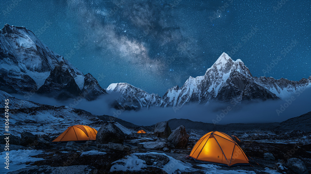 Night landscape and milkyway sky himalayas mountain Camp as flashlights illunimate the yellow mountaineering tents Generative ai
