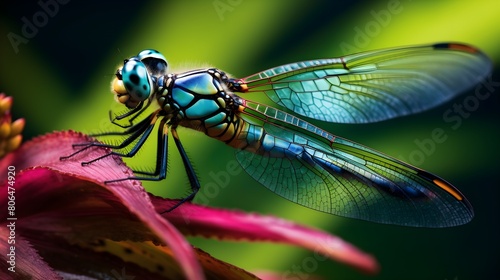 Close-up of a vibrant dragonfly perched on a leaf