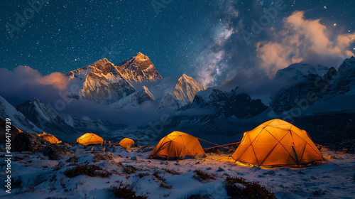 Night landscape and milkyway sky himalayas mountain Camp as flashlights illunimate the yellow mountaineering tents Generative ai © Mina Nida