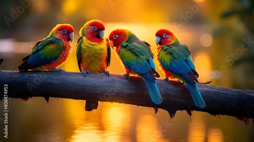 Colorful parrots perched on branches overhanging the water, photo