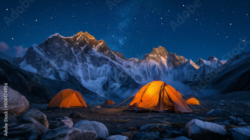 Night landscape and milkyway sky himalayas mountain Camp as flashlights illunimate the yellow mountaineering tents Generative ai photo