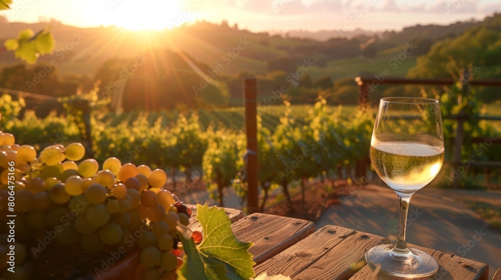 The sun setting over rolling hills covered in lush vineyards a serene backdrop for a glass of vintage wine on a patio overlooking the scenery.